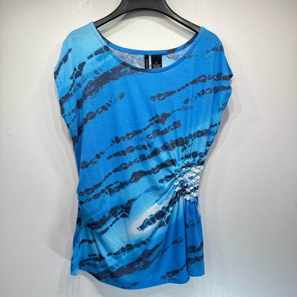 New Directions Blue and Black Sleeveless Knit Top Ruched Gathered Side
